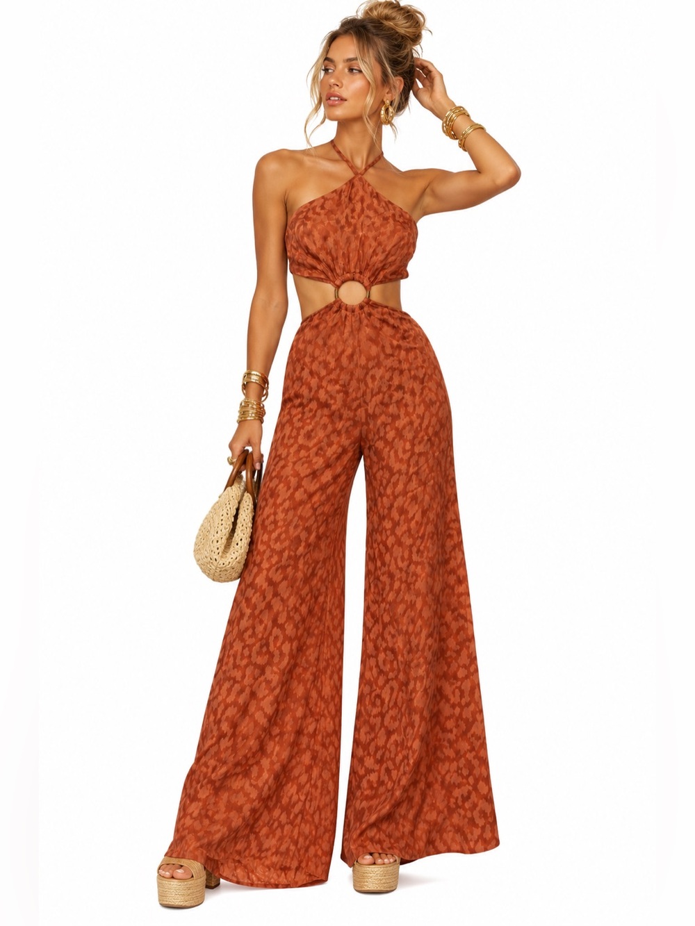 Rumer The Label Kenya Animal Print Wide Leg Halter Jumpsuit NWT Orange Cutout